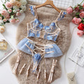 Women's light blue embroidered lace push up bra set with transparent mesh design