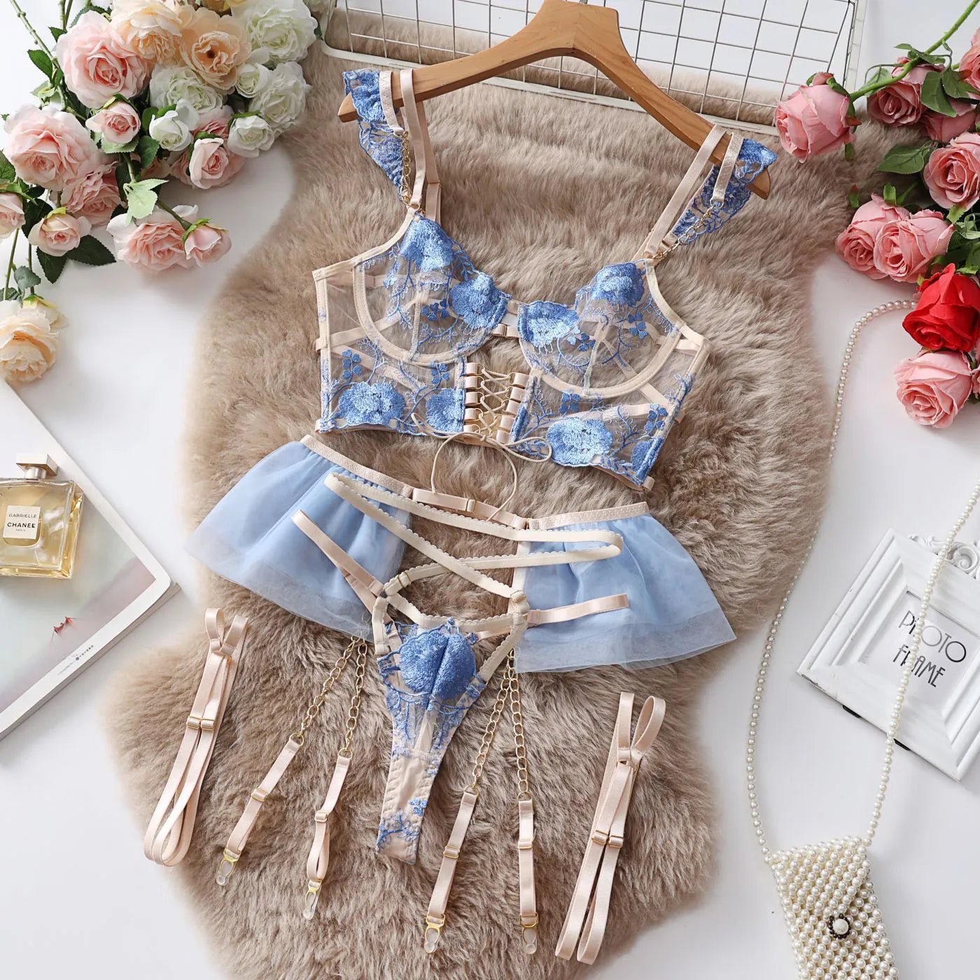 Women's light blue embroidered lace push up bra set with transparent mesh design