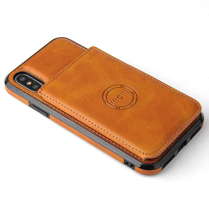 Imitation leather card wallet phone case for iPhone in solid colours showing card slots.