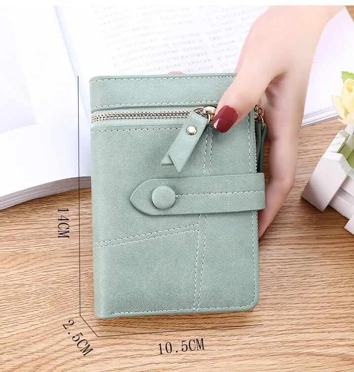 Faux leather standard short wallet with zipper closure, solid colour, showing multiple internal compartments