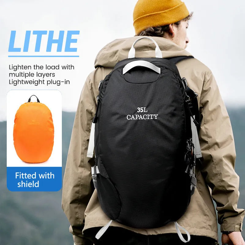 Outdoor multifunctional waterproof hiking backpack in black with Oxford cloth and folding design