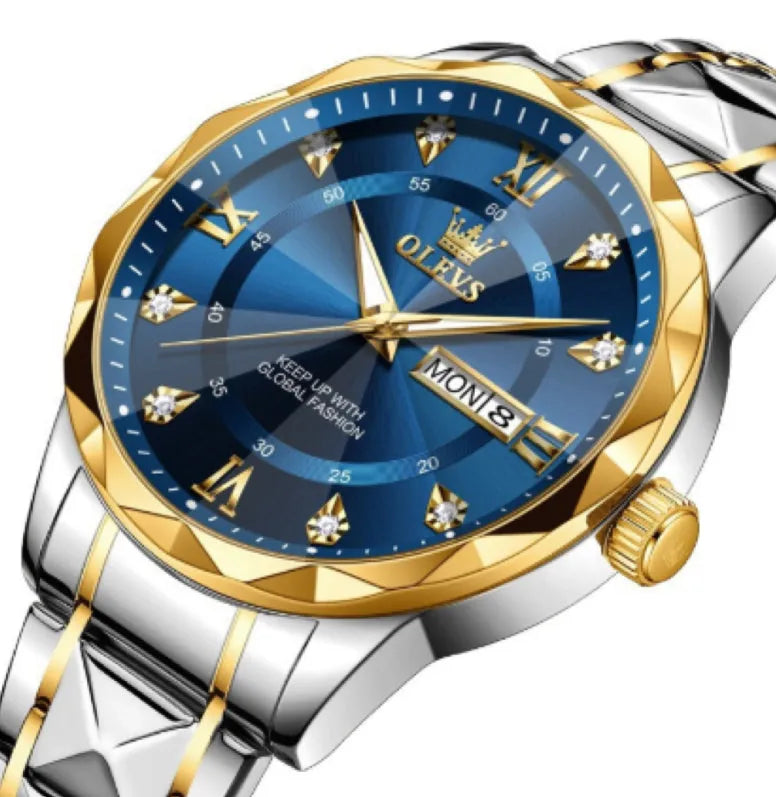 OLEVS 2025 men's luminous waterproof business quartz watch with stainless steel strap, 11mm slim case, steel band blue
