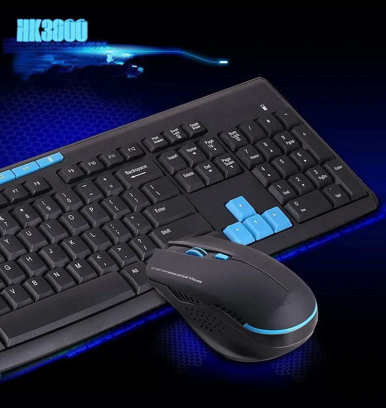 Black wireless keyboard and mouse set with dual USB receiver