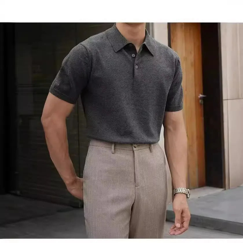 Men's knitted polo collar short sleeve shirt in Ice Silk cotton blend summer top