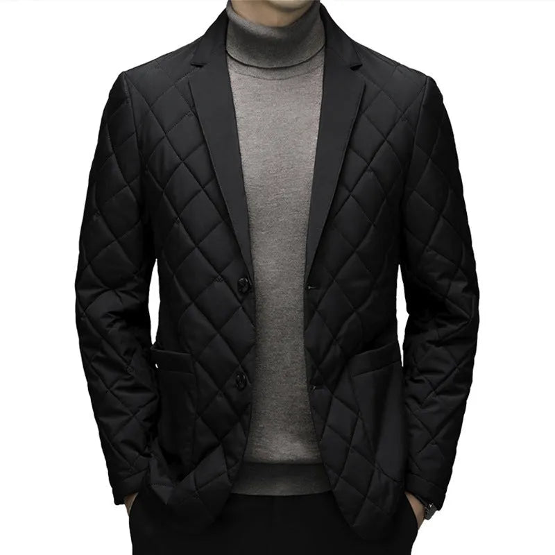 Men's thick winter down jacket with lapel collar in black, dark grey, or shrimp blue colour