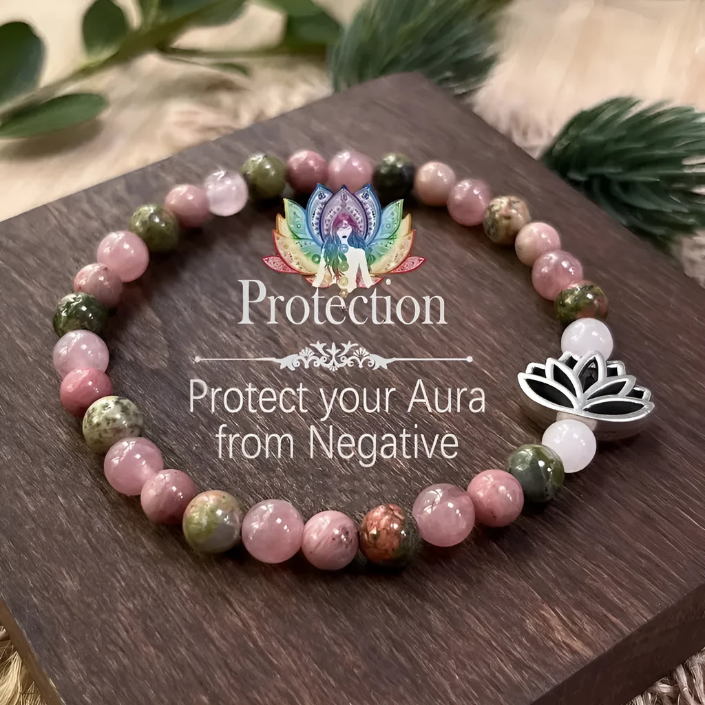 Handmade natural rhodonite stone bead seven-pulse lotus bracelet in French retro bohemian style, colour L1381