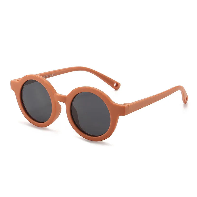Children's silicone sunglasses with round frames for 0-3 year olds in multiple colour options showing UV400 and polarized protection