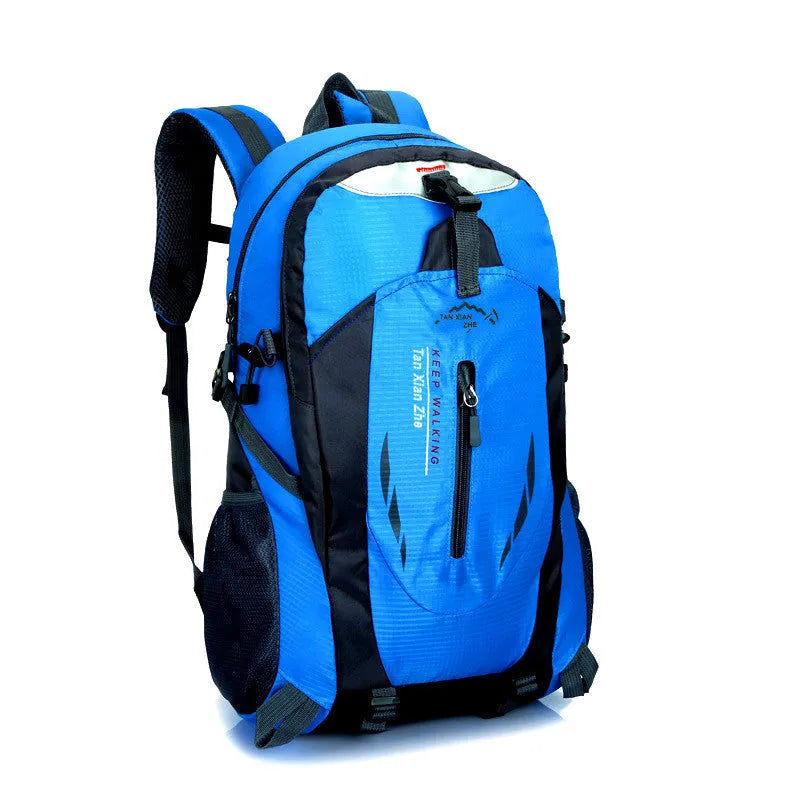 Large red Oxford cloth travel backpack with double straps, showing front compartment and buckle closure.