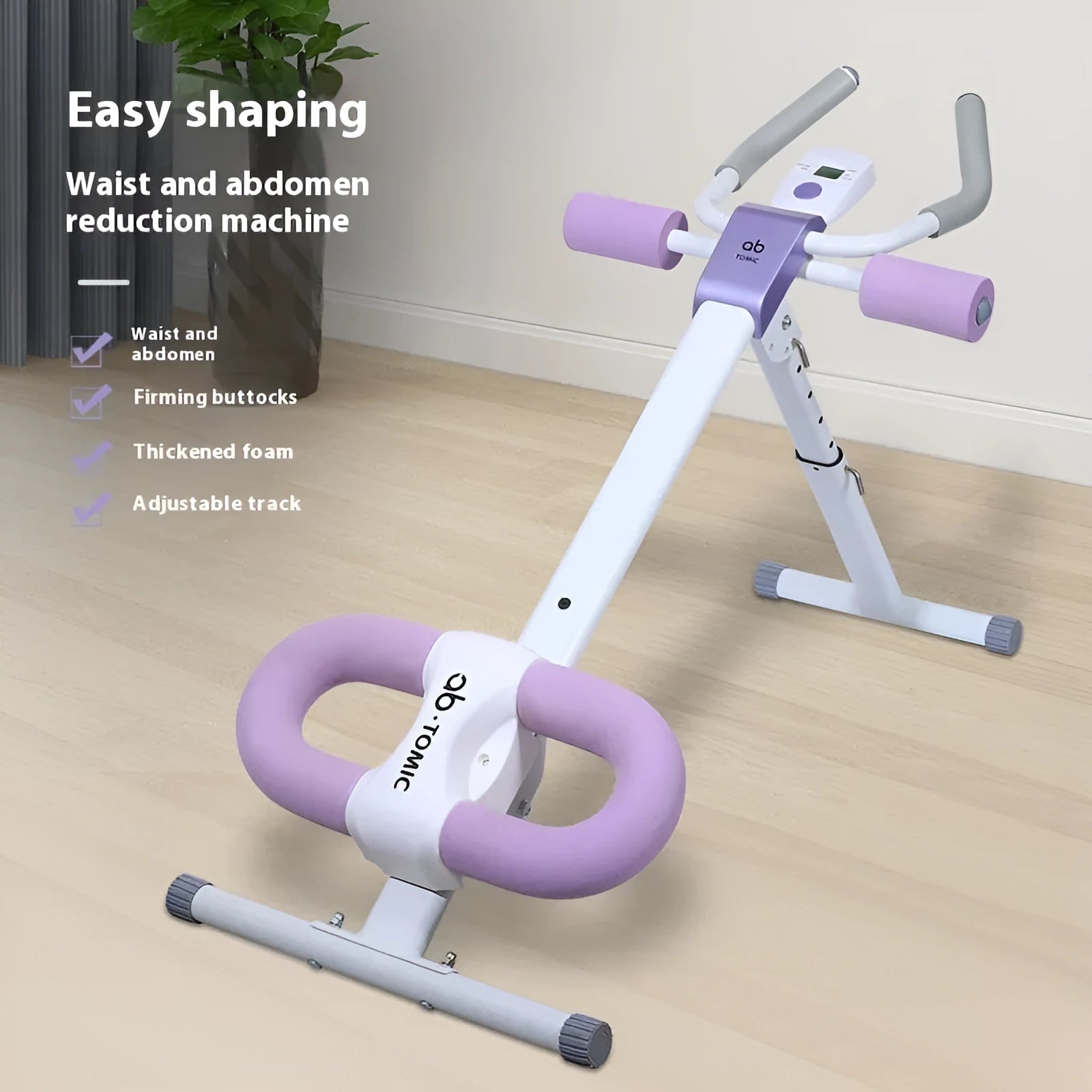 AB Rocket waist-shaping machine with steel frame, foam padding, and blue count drawstring for home core fitness