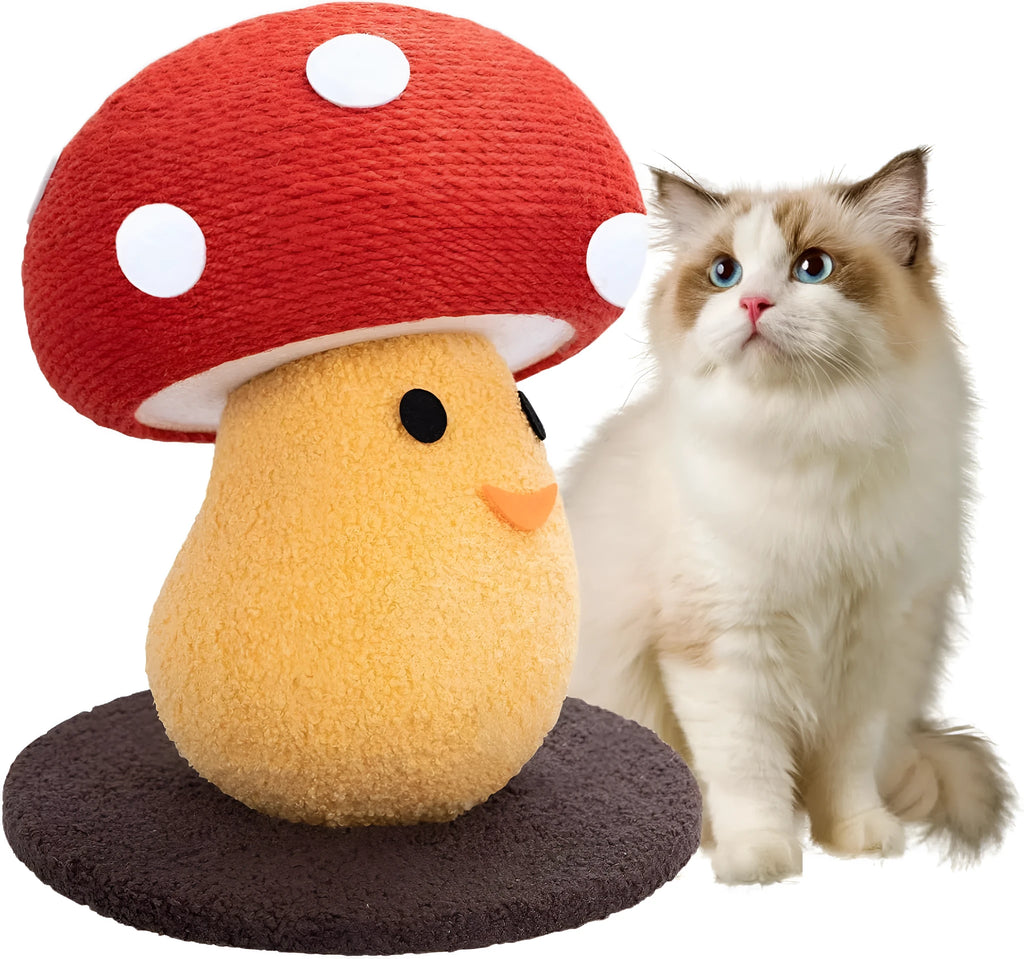 Foldable mushroom-shaped cardboard cat scratch board on a carpet next to a sofa.