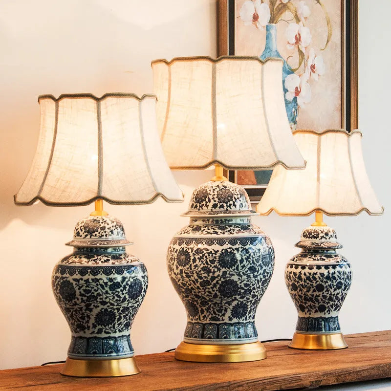 Chinese blue and white porcelain table lamp with handmade ceramic shade and cloth cover
