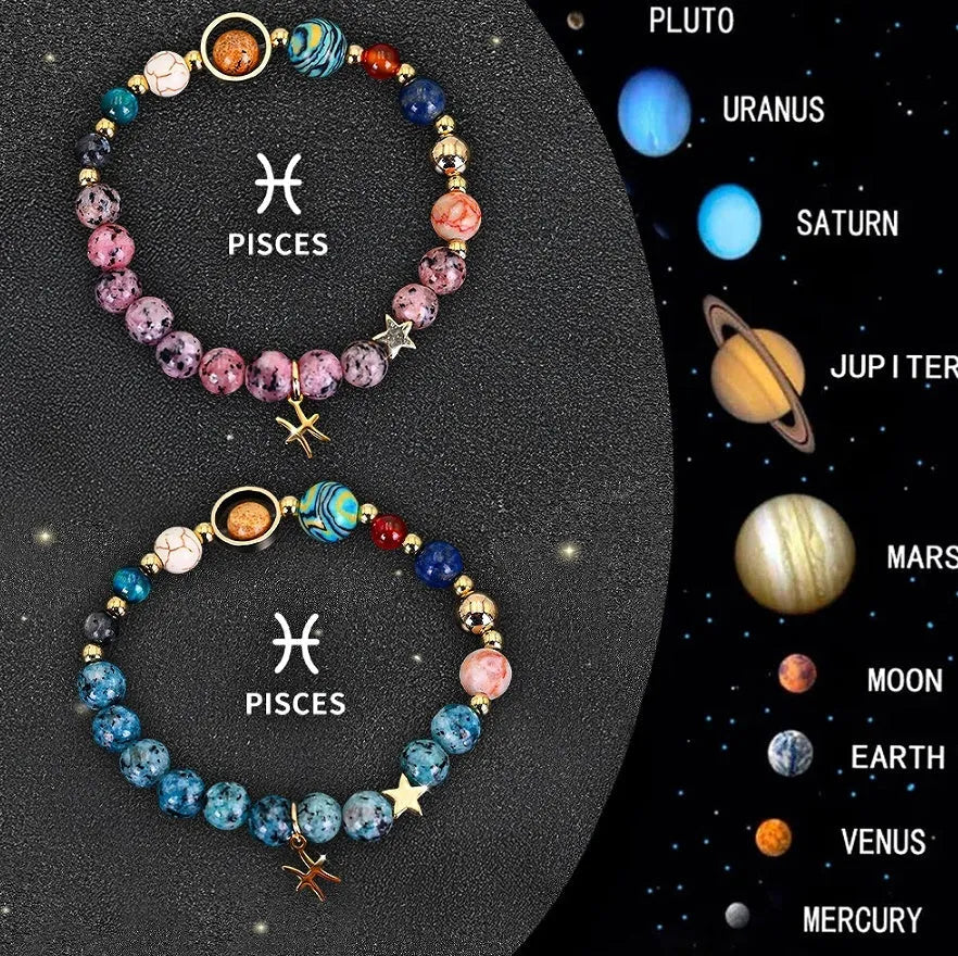 Two natural stone beaded bracelets for zodiac signs laid flat, showing varied bead colours and styles.