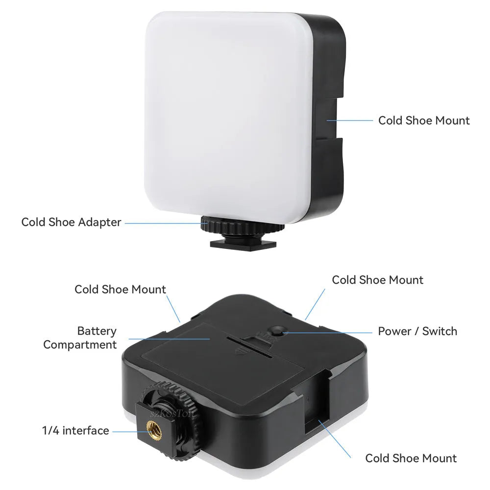 Mini square outdoor camera flash on a small tripod with a rotatable head
