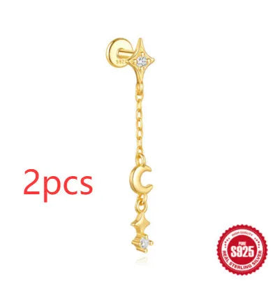 S925 sterling silver geometric moon and star earrings with cubic zirconia stones in a gold tone finish.