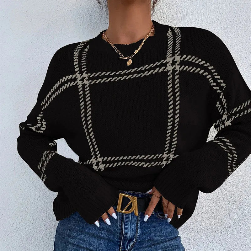 Women's casual plaid colour-block crew neck acrylic sweater with apricot, black, beige, red and green stripes