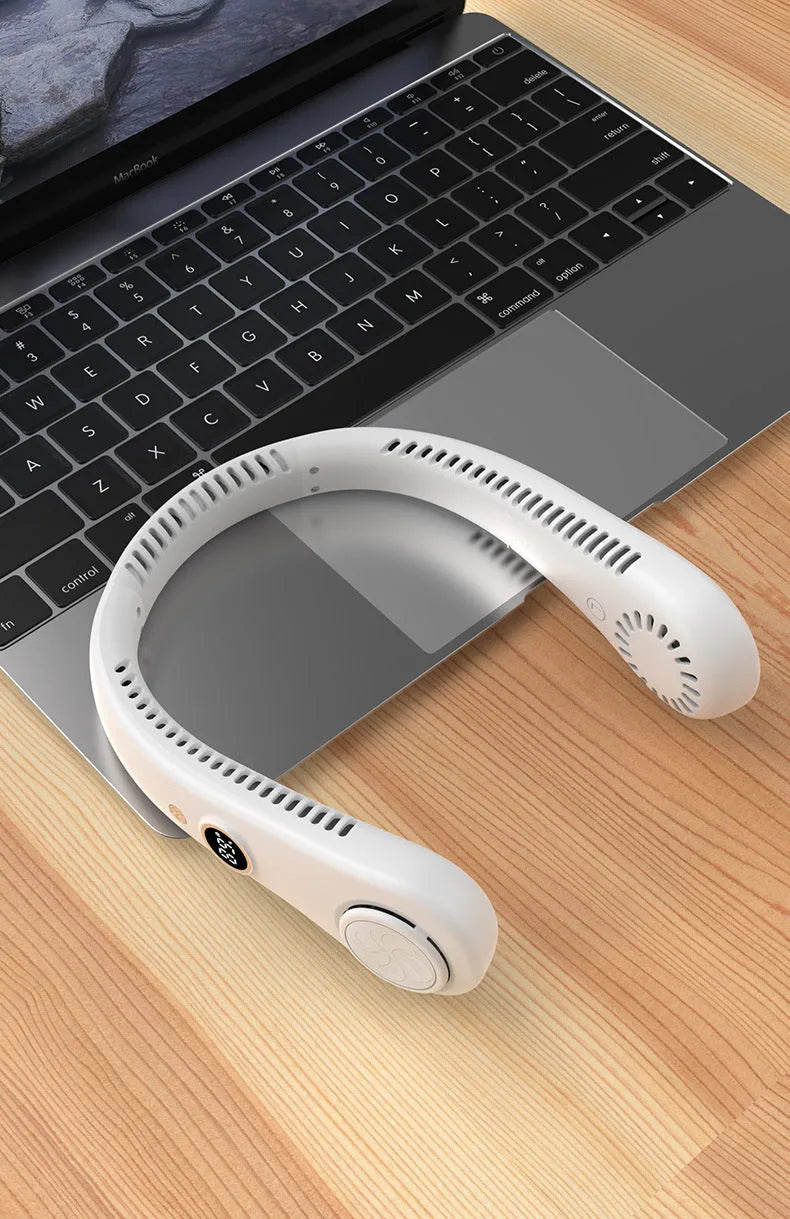 White USB rechargeable bladeless neck fan worn around a person's neck.