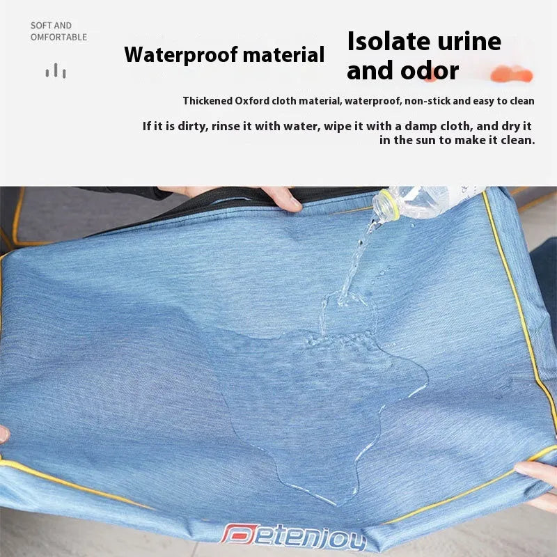 Oxford cloth waterproof scratch-resistant dog bed mat in Oxford blue, showing wooden base and size options for small to large dogs