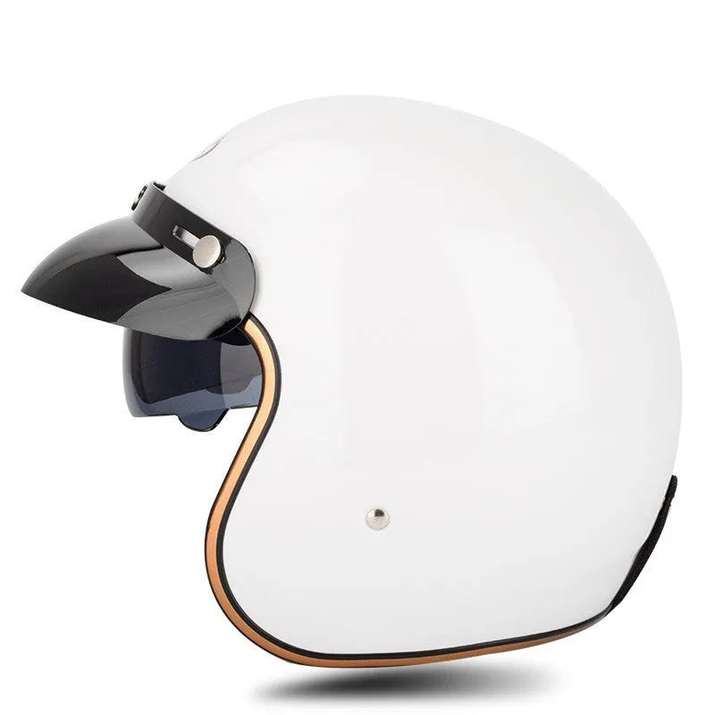 Retro style half helmet for motorcycle riding shown in multiple colour options on a grey background