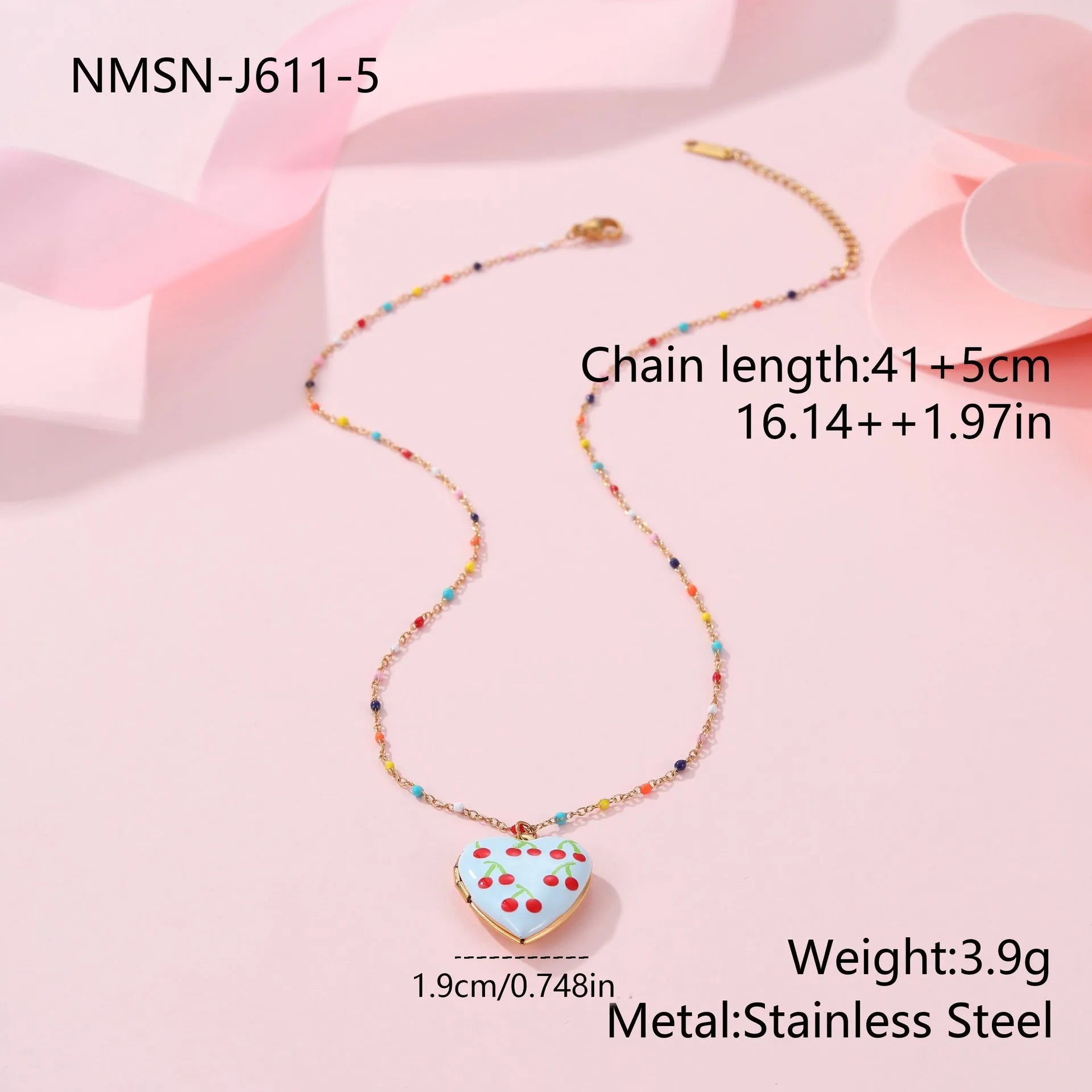 Women's stainless steel necklace with fruit pendant designs in gold plating on adjustable chain