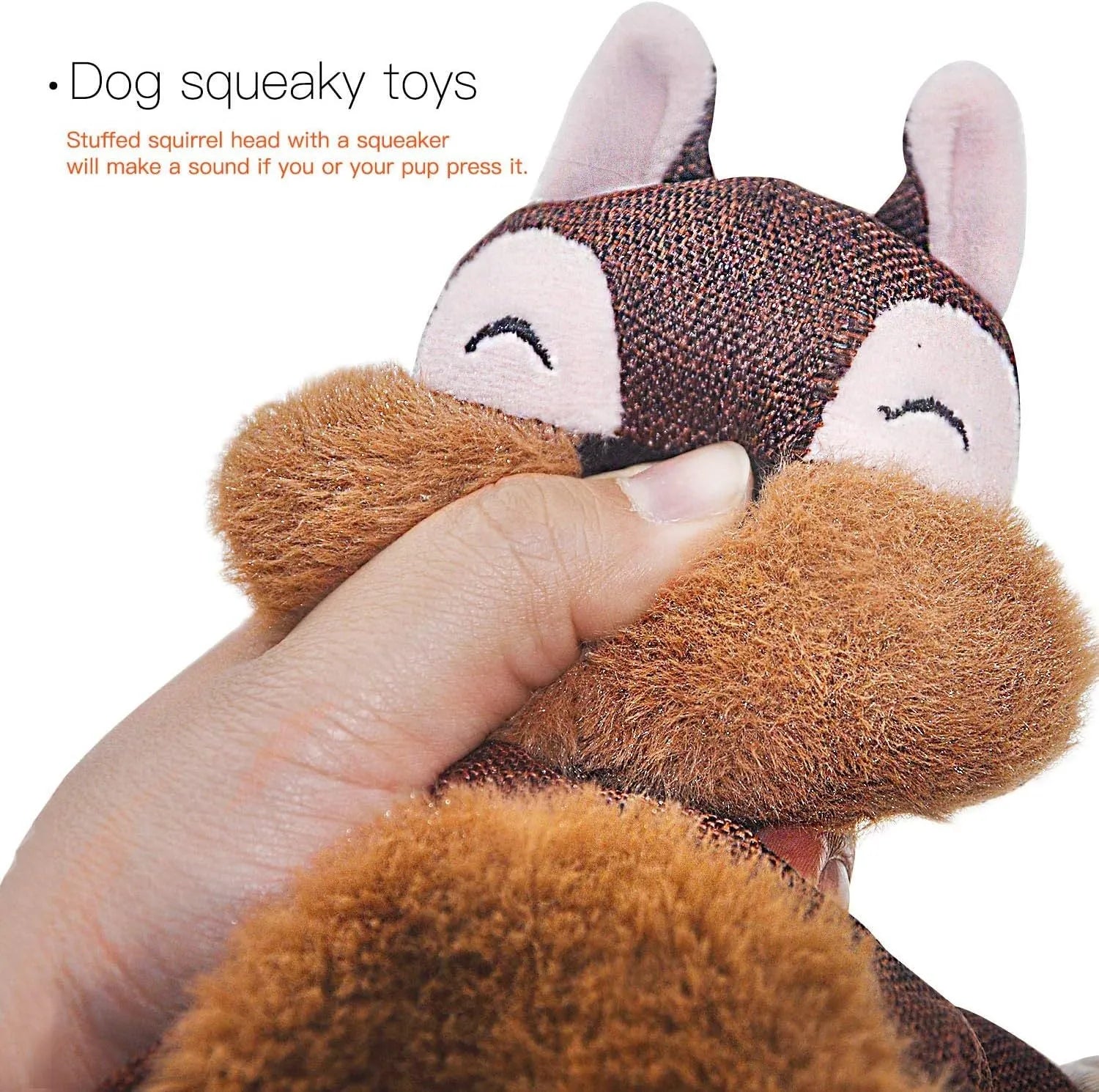 Brown plush fox dog toy with embroidered eyes, rope arms, and a squeaker in its head.