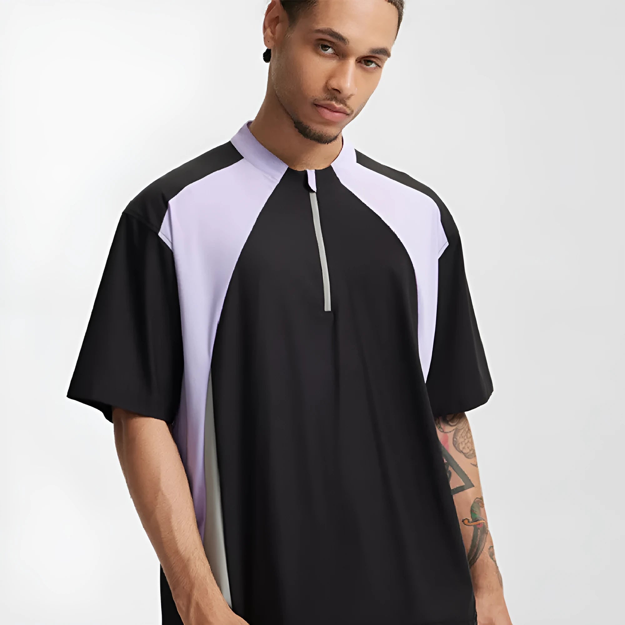 Men's lightweight polyester shirt in solid colour with stitching construction, shown in black and beige with long and short sleeve options