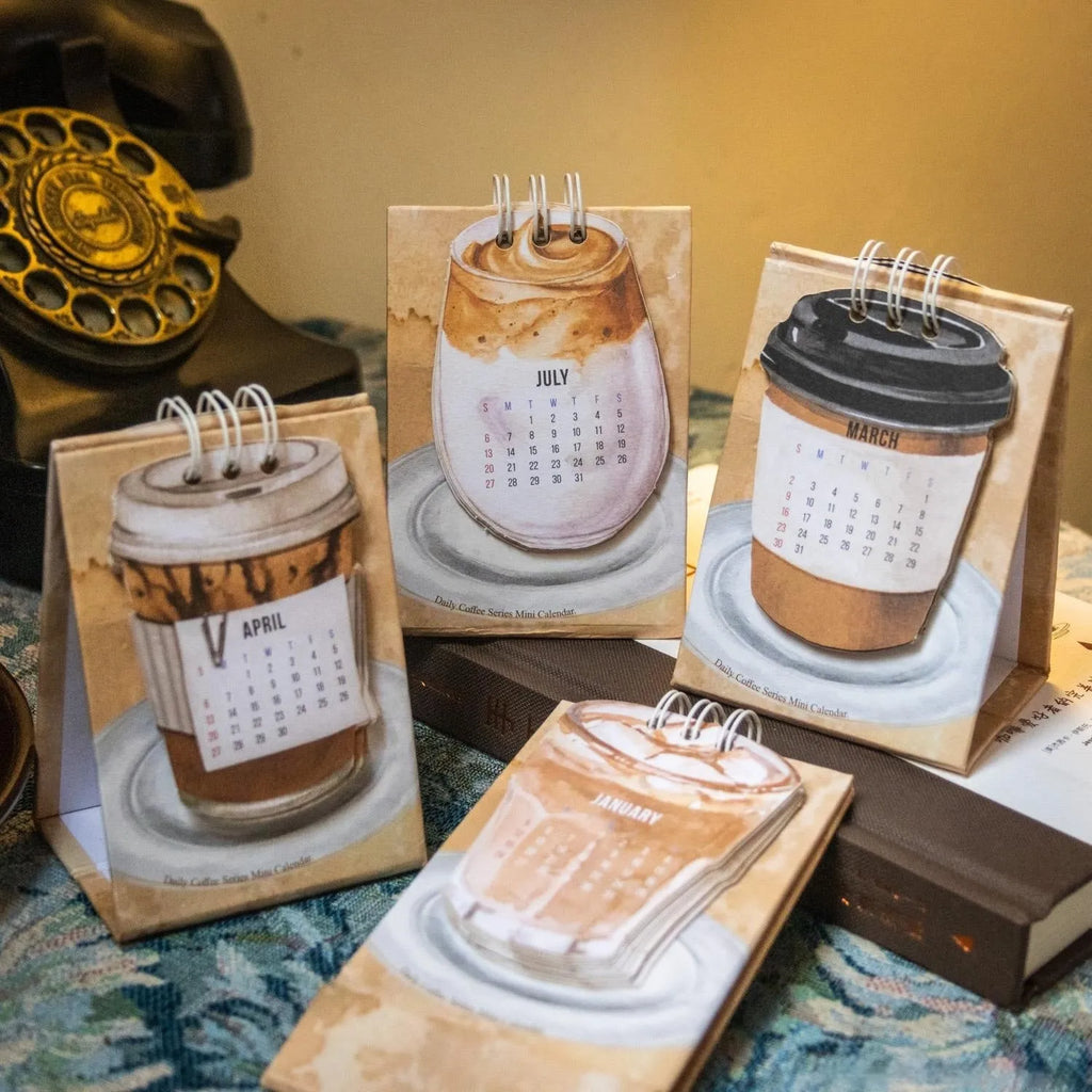 Coffee themed mini desk calendar 2025 with ten different daily designs including Coffee Time and Life Is Not Easy