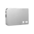 Silver metal external solid state drive with USB cable and cover next to packaging.