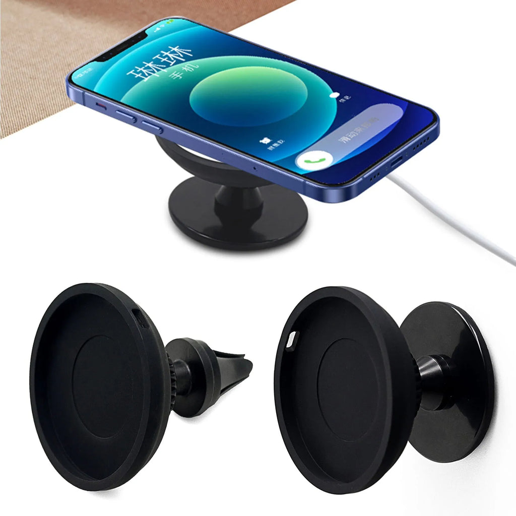 Black magnetic mobile phone car holder with snap-in design showing dual mounting options
