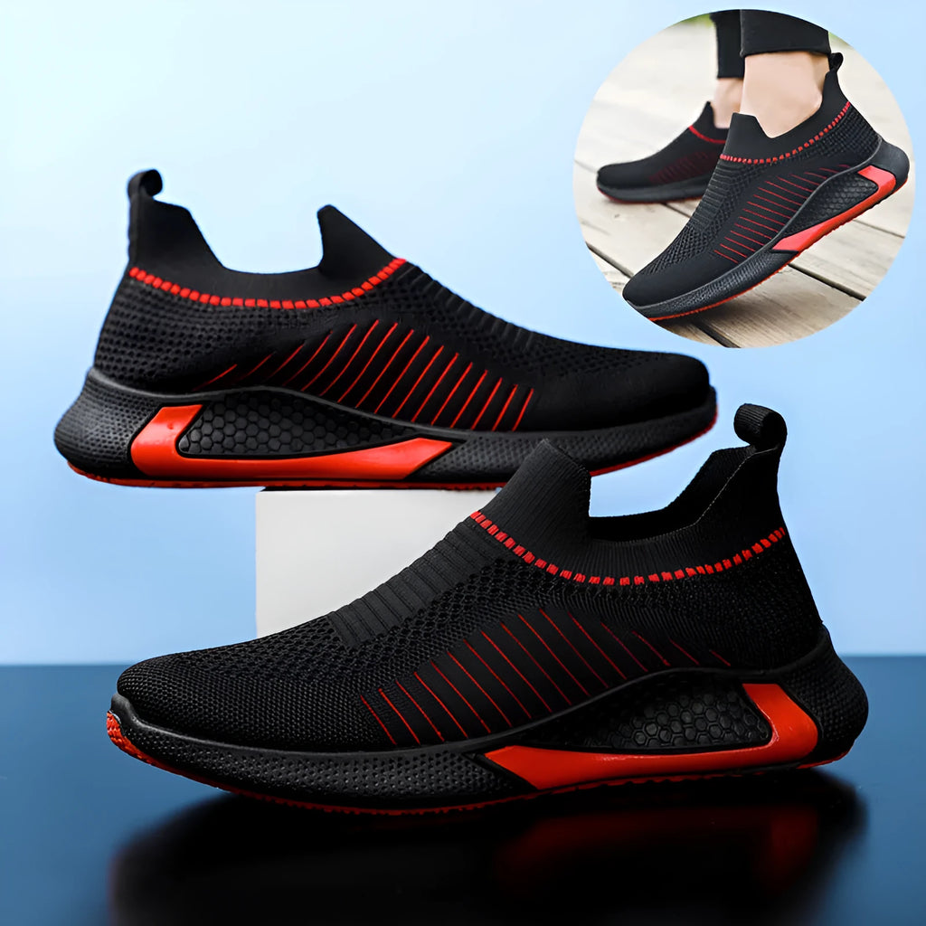 Men's mesh sock shoes with Flyknit upper and striped design in black, black white, and white colour options