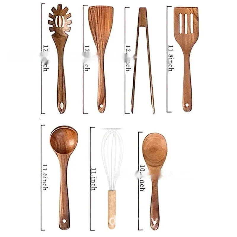 Seven-piece wooden kitchen utensils set with spoons and spatulas for cooking and serving