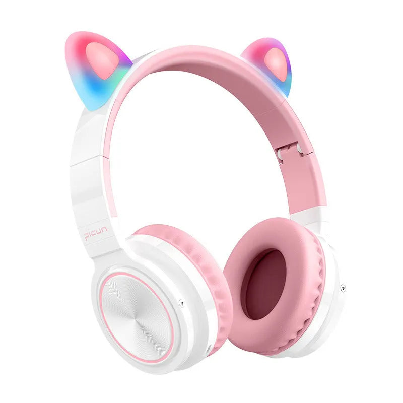 Pink white Luminous over-ear Bluetooth headset with braided wire and large ear cushions.