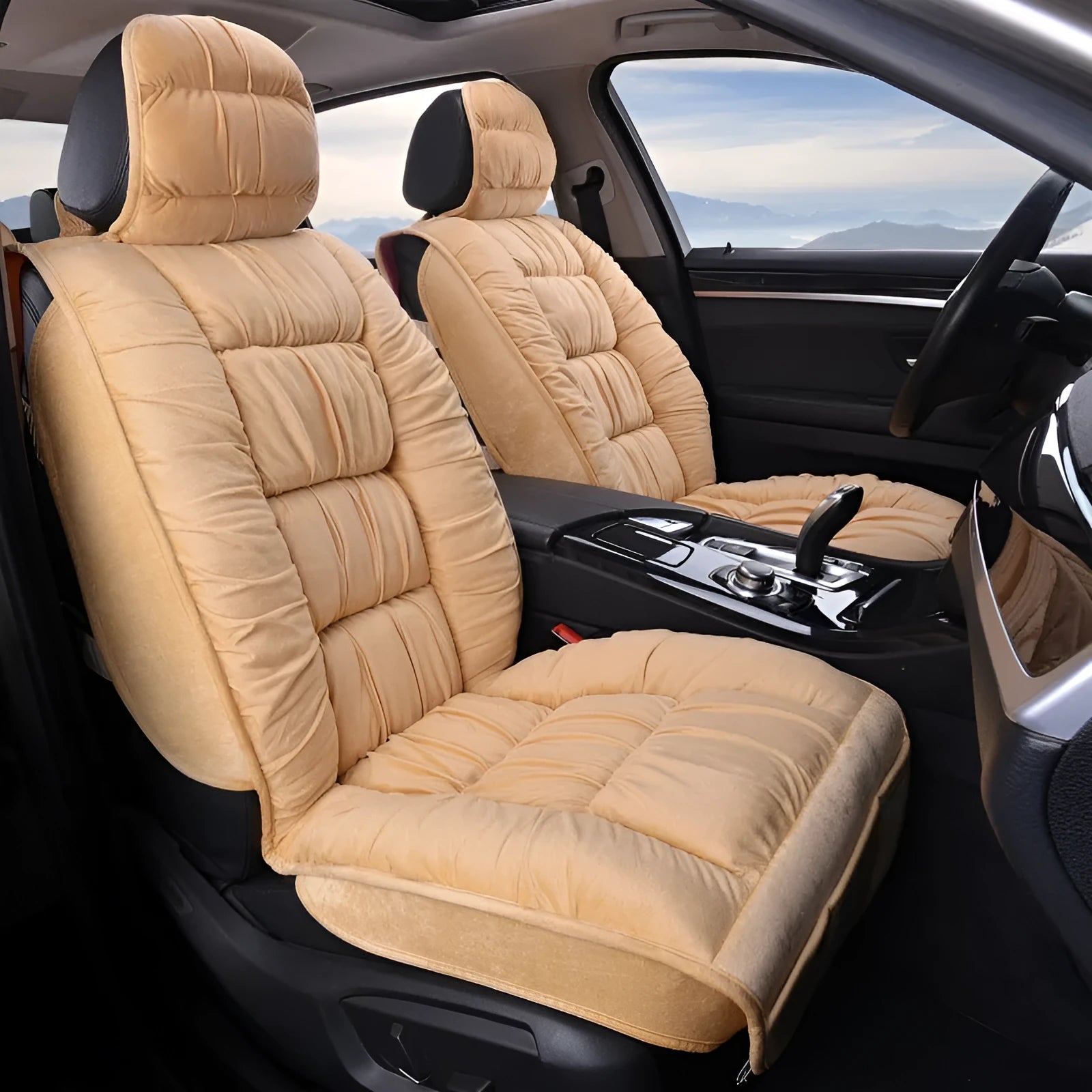Winter short plush car seat cushion set in grey, showing wool cotton filler and polyester cover.