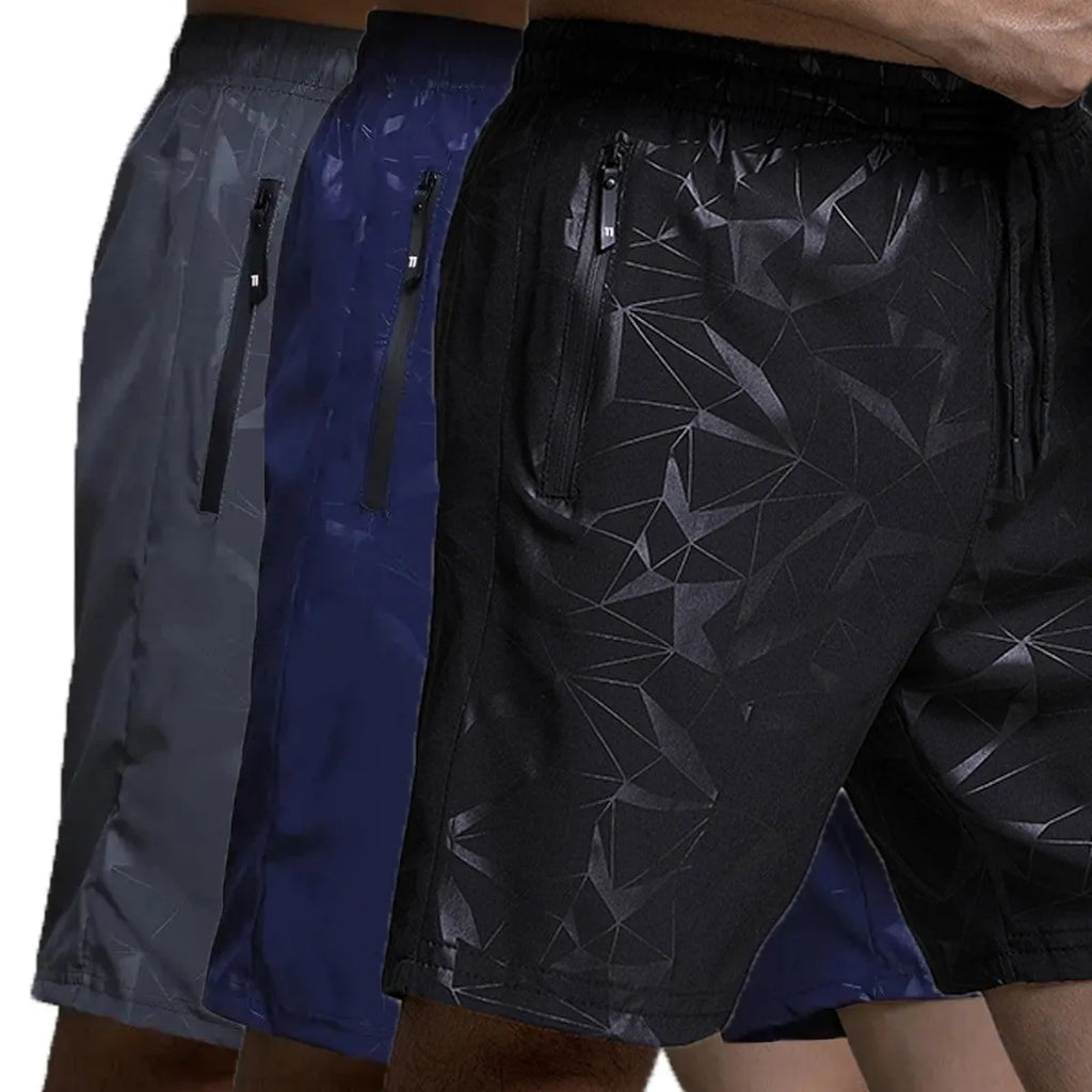 Man wearing loose-fit black printed polyester sports shorts for casual athletic wear.