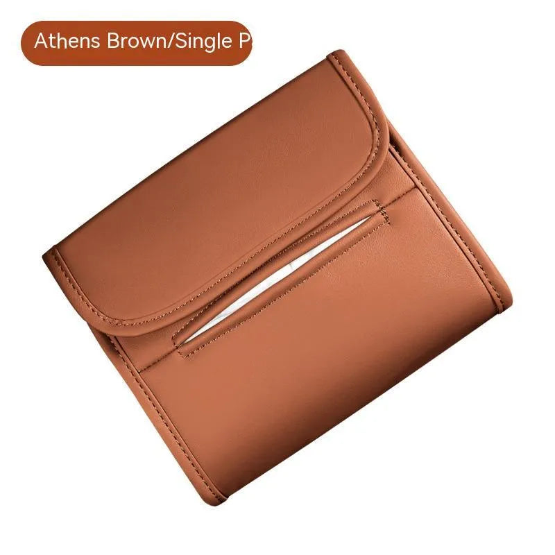 Leather car tissue box holder with elastic bands for installation on vehicle sun visors