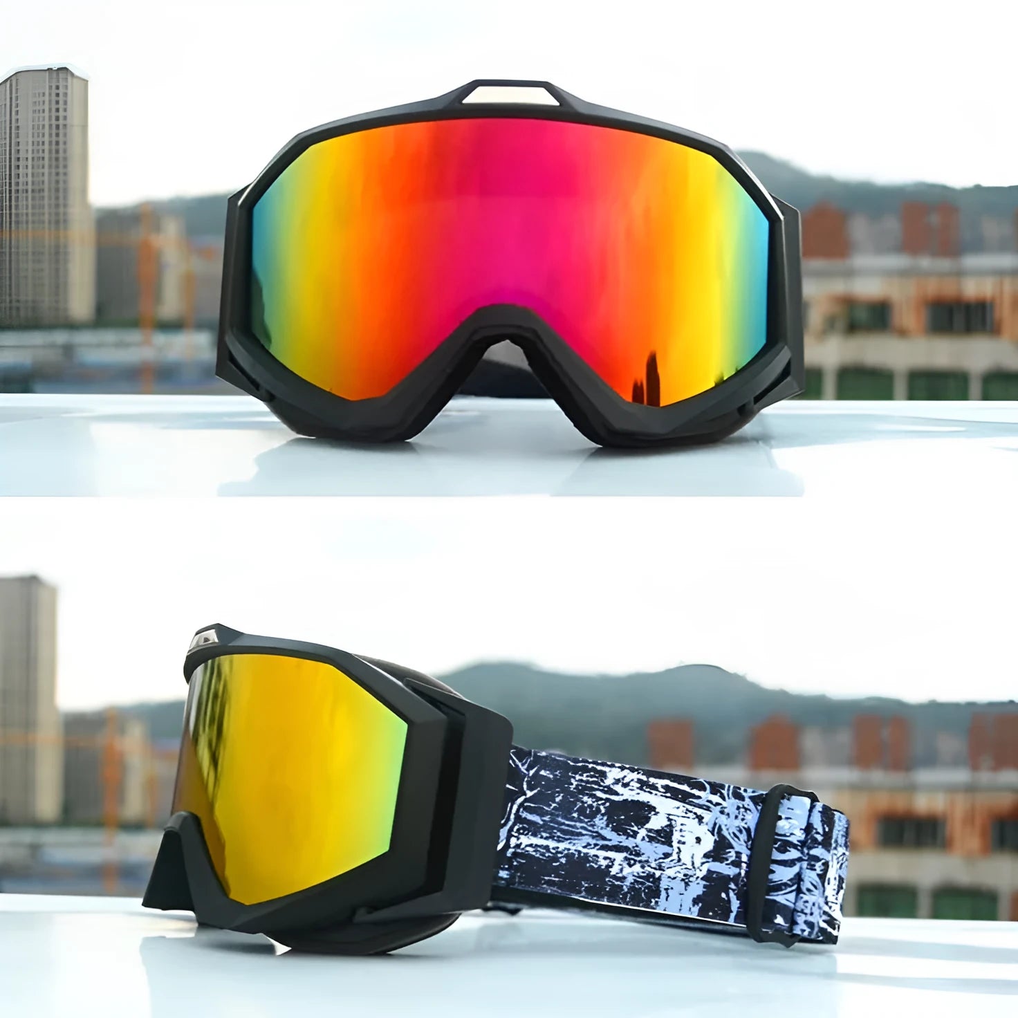 Motorcycle goggles with double-layer anti-fog design in multiple colour options including black frame with grey lens.