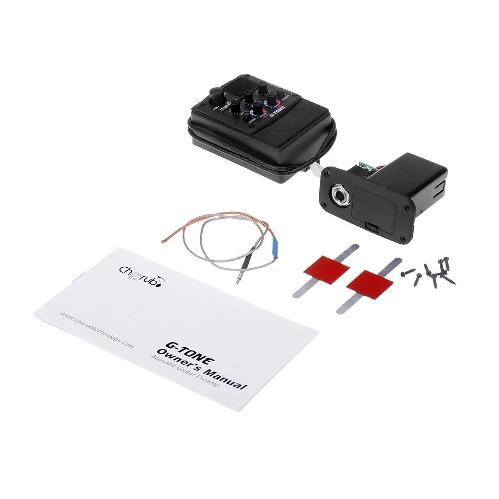 Cherub GT-6 black acoustic guitar pickup preamp with EQ knobs and effects controls.
