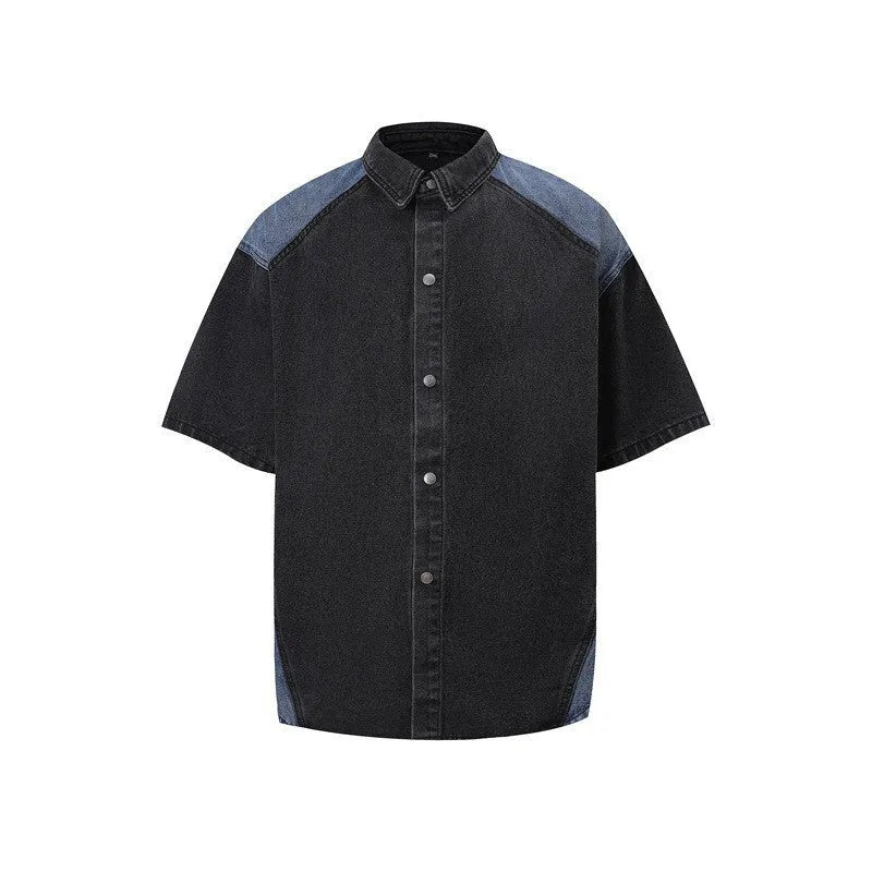 Retro washed denim short-sleeved jacket and trousers suit in blue or black