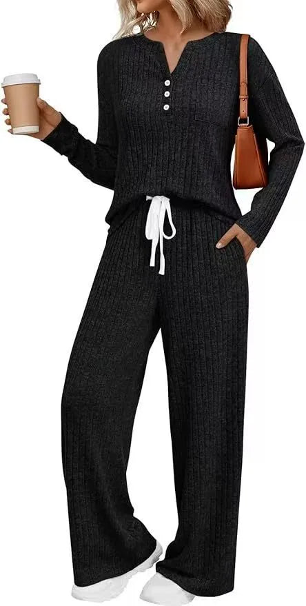 Women's striped knit long coat with V-neck, long sleeves, lace-up details and side pockets
