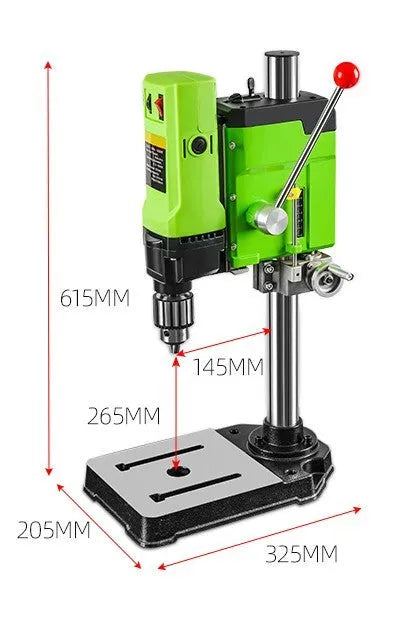 Mini bench drill milling machine with AC power supply and included bench pliers on workbench