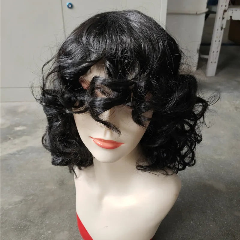 Black synthetic afro wig with long curly African style texture on display
