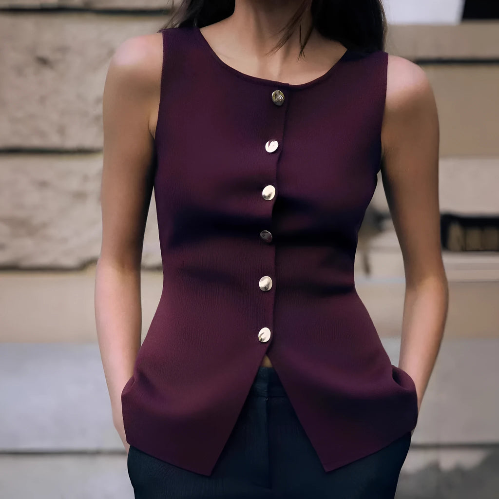 Dark red and white plain gold button sweater vest sleeveless viscose cardigan
