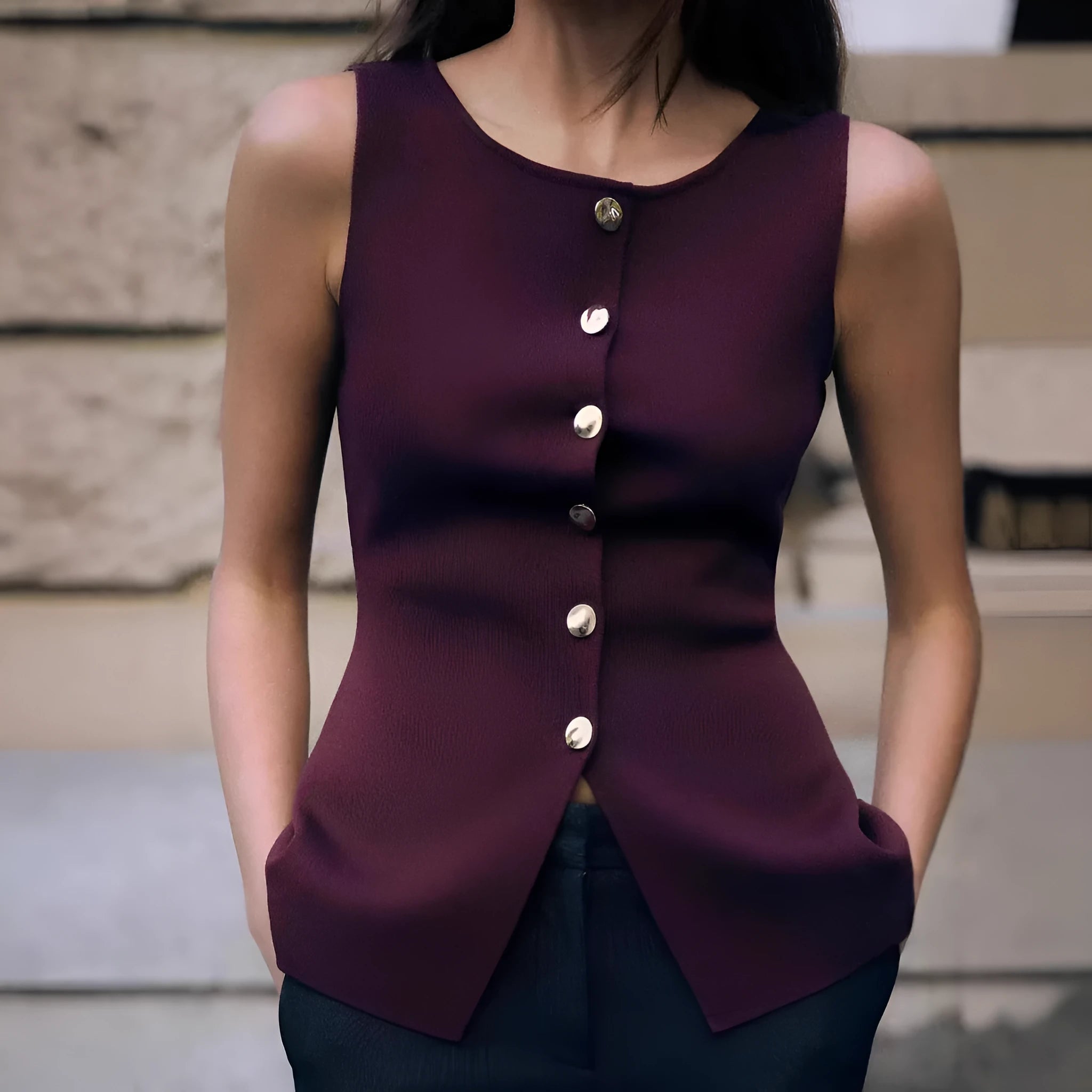 Dark red and white plain gold button sweater vest sleeveless viscose cardigan