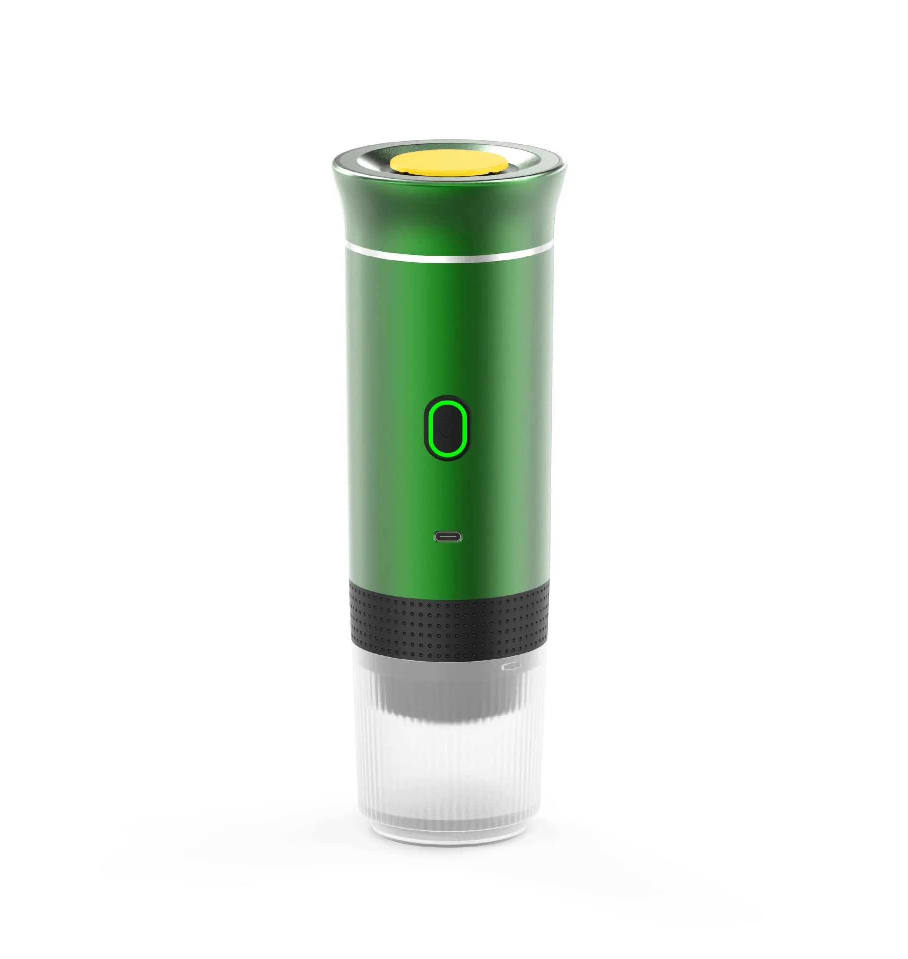 3-in-1 portable espresso maker in white with USB charging cable and ground coffee capsule compartments
