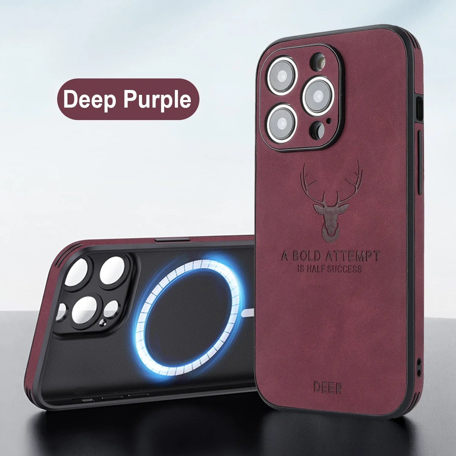 iPhone 16 series magnetic charging phone case with embossed brown moose head design on imitation leather.