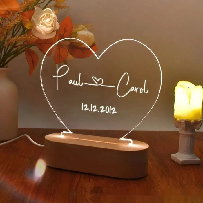 Personalised acrylic LED night light with custom names and date engraving