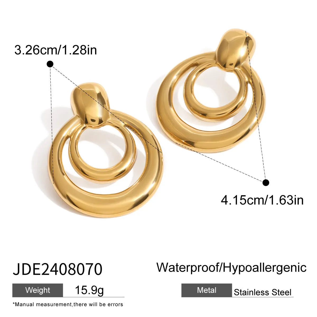 Golden round stud earrings with double-layer hollow geometric design on titanium steel