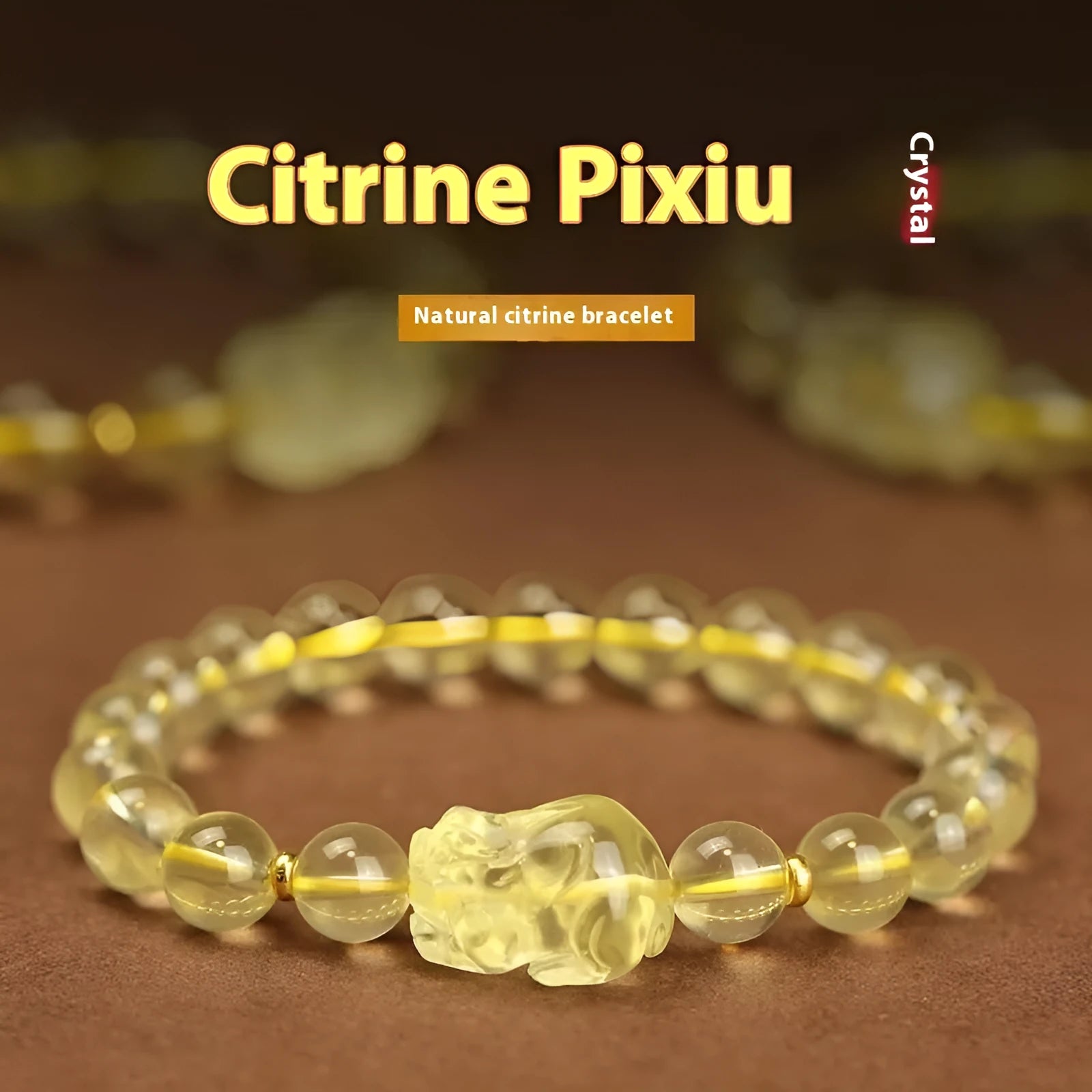 Yellow leather bracelet with an artificial citrine crystal Pi Xiu charm in Chinese national style.