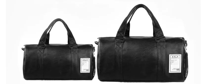 Black waterproof sports fitness bag with separate shoe compartments and diagonal carry straps.