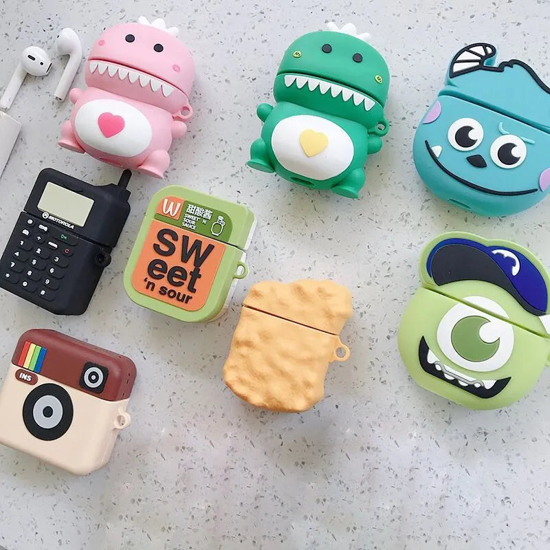 Cartoon animal design silicone protective case for AirPods 1 and 2 generation charging case in multiple colours.