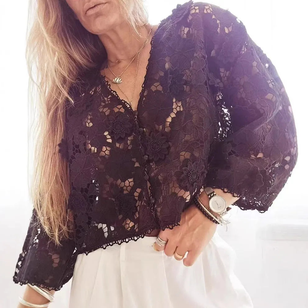 Women's black V-neck lace cardigan blouse with hollow long sleeves and three-dimensional decoration.